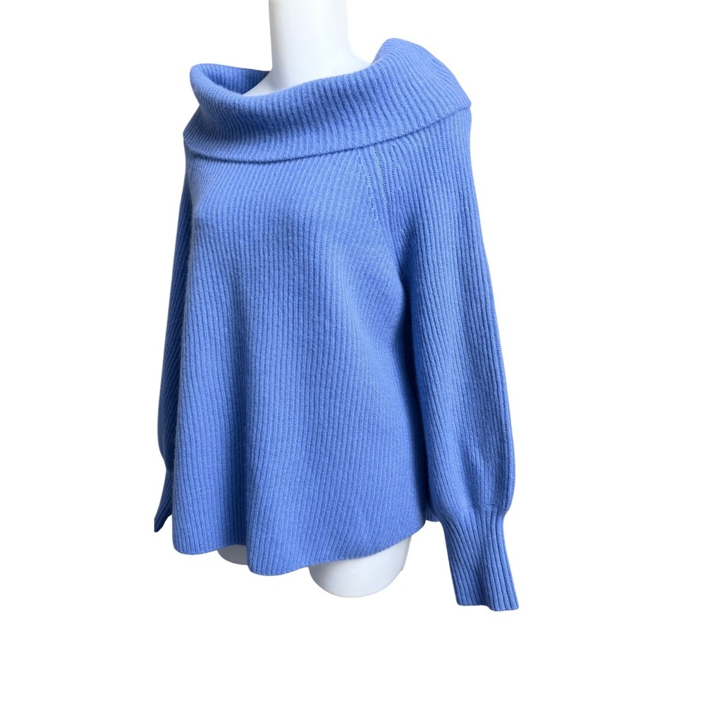 Soft Surroundings 100% Cashmere Cowl Neck Ribbed Sweater Blue PM Balloon Sleeve